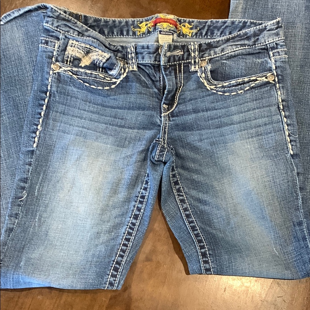 Maurices Juniors 9 / 10 RGL Low Rise Bootcut Embellished Jeans Flap Pockets